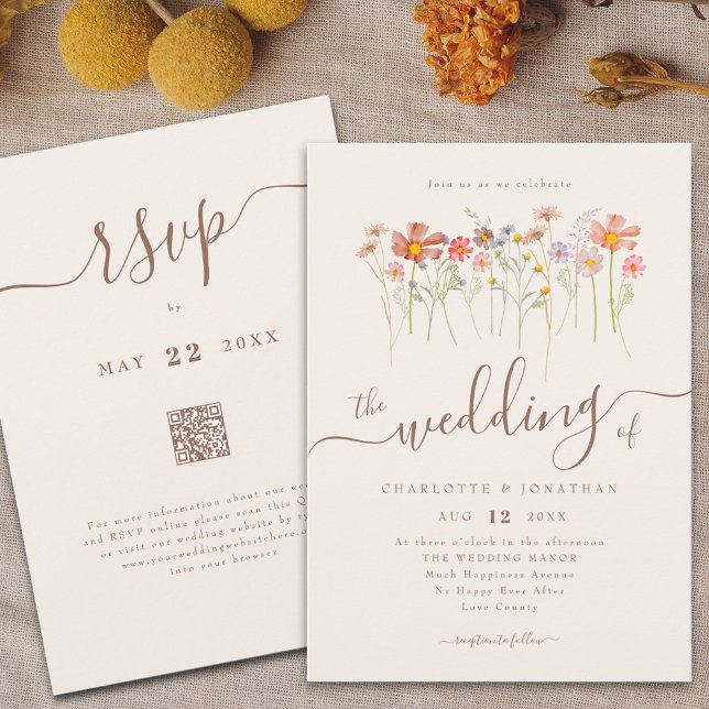 Wildflower Meadow Floral Beige QR code Invitation (WILDFLOWER MEADOW BOHO FLORAL BEIGE WEDDING QR CODE INVITATION WATERCOLOR AUTUMN FLOWERS FALL COLORS)