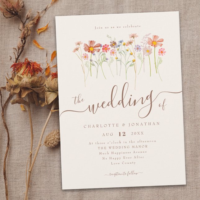 Wildflower Meadow Floral Beige Terracotta Invitation (Wildflower meadow watercolor floral elegant script wedding  invitation rustic boho fall colors)