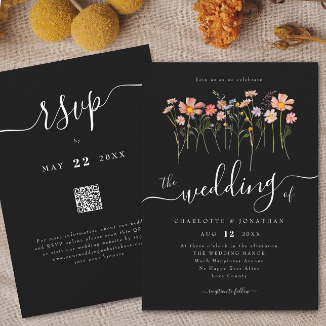 Wildflower Meadow Floral Black & White QR code Invitation (Wildflower meadow boho floral black and white Wedding qr code invitation watercolor Fall colors)