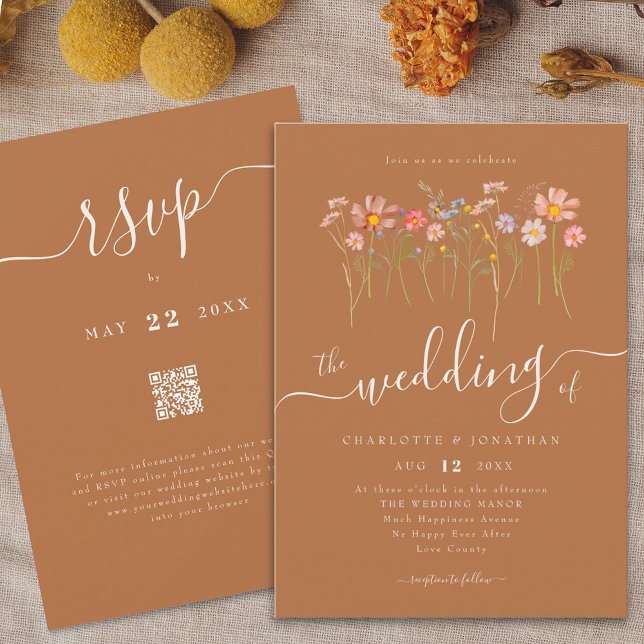 Wildflower Meadow Floral Brown Sugar Beige QR code Invitation (Wildflower meadow boho floral brown sugar & beige Wedding qr code invitation Elegant script)