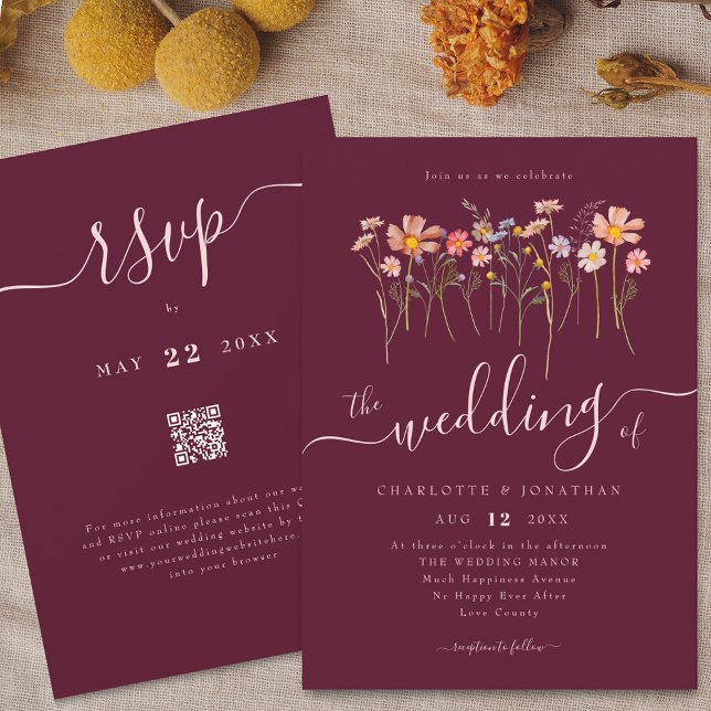 Wildflower Meadow Floral Burgundy & Blush QR code Invitation (Wildflower meadow boho chic floral burgundy blush pink elegant script wedding qr code invitation )