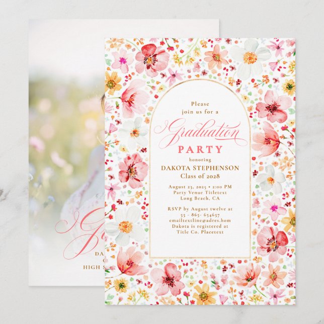 Wildflower Meadow Floral Elegant Garden Graduation Invitation (Front/Back)