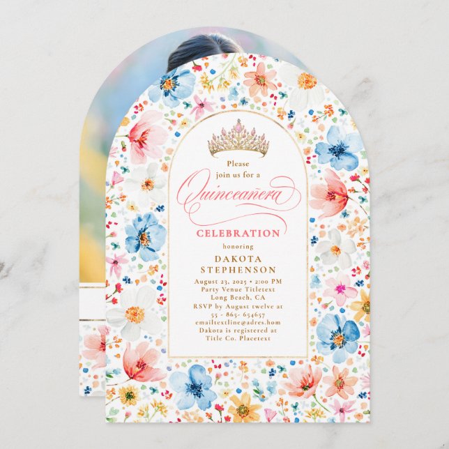 Wildflower Meadow Floral Garden Quinceanera Photo Invitation (Front/Back)