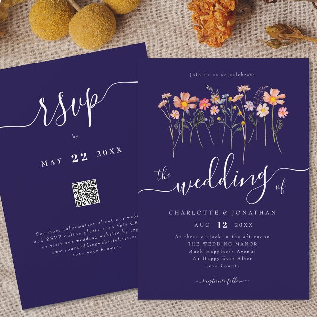 Wildflower Meadow Floral Navy Blue & White QR code Invitation (Wildflower meadow boho chic floral fall navy blue & white Wedding qr code invitation Elegant script)
