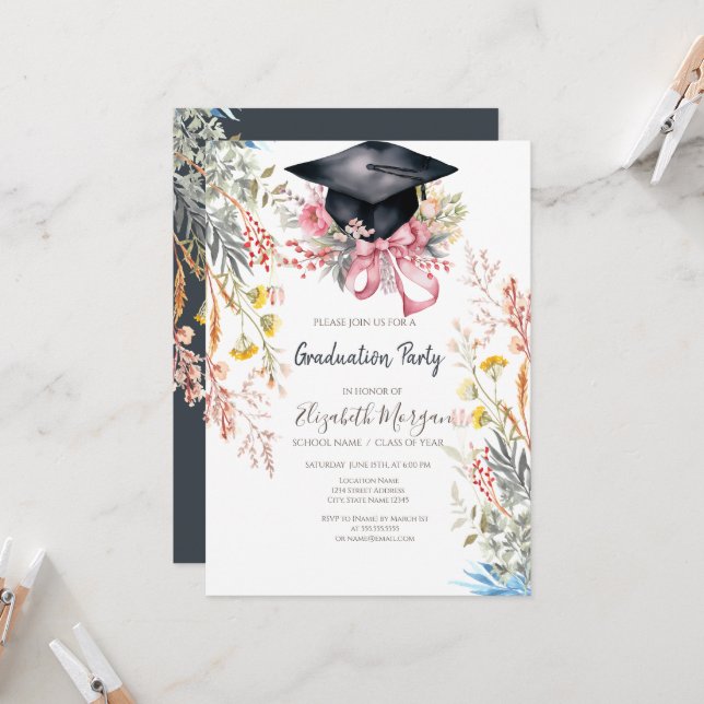Wildflower Meadow Grad Cap Pink Bow Graduation Invitation (Front/Back In Situ)