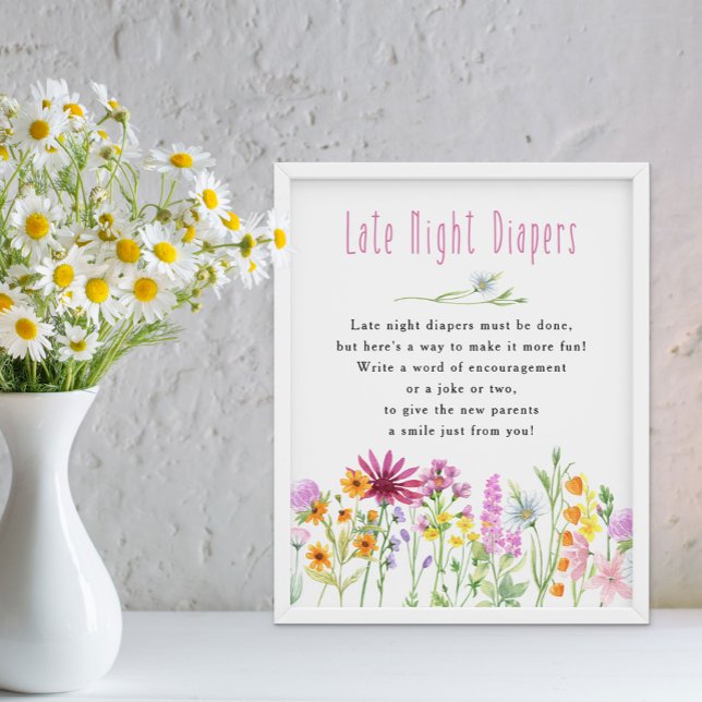 Wildflower Meadow Late Night Diaper Baby Shower Poster (Late Night Diapers baby shower game - Wildflower Meadow Collection - order printed or digital file)