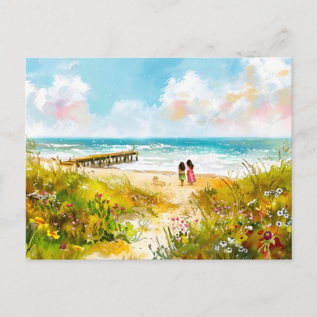 Wildflower meadow near beach with children waterco holiday postcard (Front)