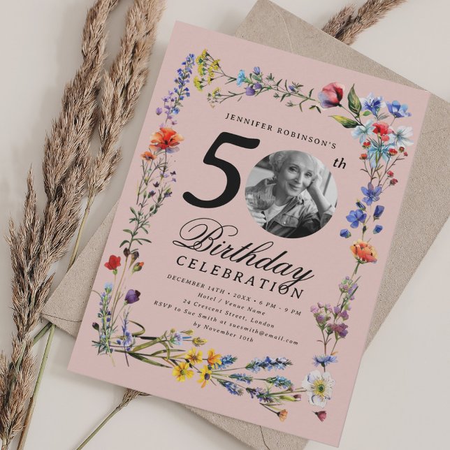 Wildflower Meadow Photo 50th Birthday Blush Pink  Invitation (Wildflower Meadow Photo 50th Birthday Blush Pink Invitation)
