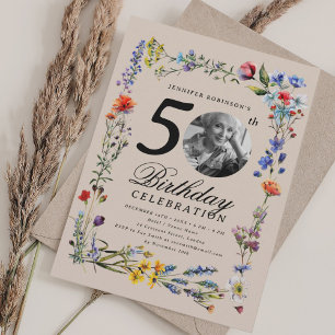 Wildflower Meadow Photo 50th Birthday Champagne  Invitation