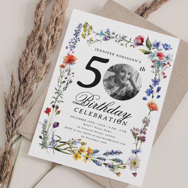 Wildflower Meadow Photo 50th Birthday Party Invitation (Wildflower Meadow Photo 50th Birthday Party Invitation)