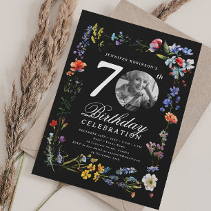 Wildflower Meadow Photo 70th Birthday Black Invitation
