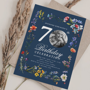 Wildflower Meadow Photo 70th Birthday Navy Blue Invitation
