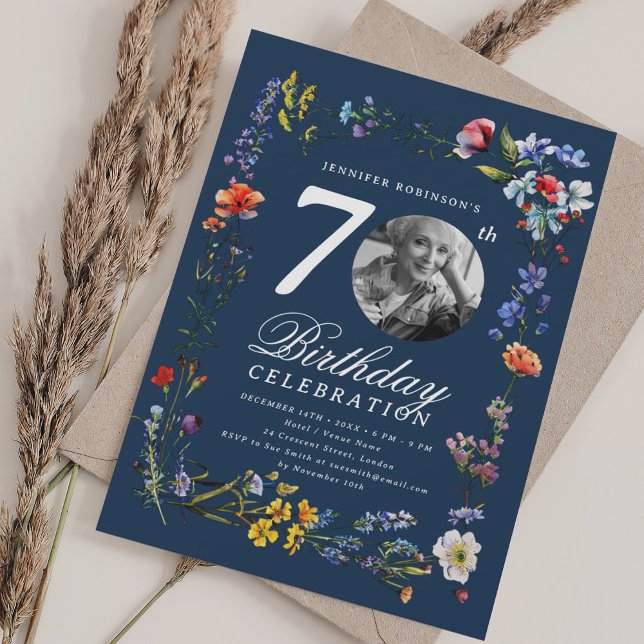 Wildflower Meadow Photo 70th Birthday Navy Blue  Invitation (Wildflower Meadow Photo 70th Birthday Navy Blue Invitation)