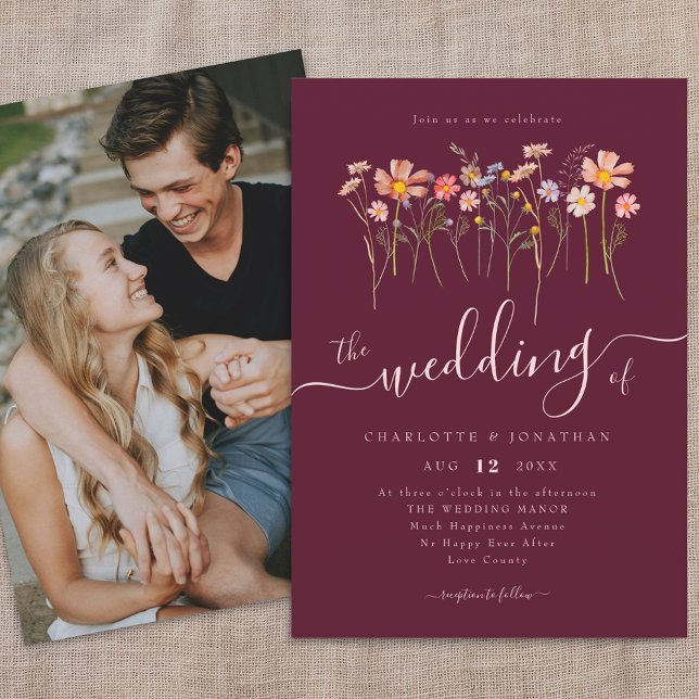 Wildflower Meadow Photo Burgundy & Blush Pink  Invitation (Wildflower meadow fall florals photo burgundy red wine and blush pink terracotta wedding invitation)