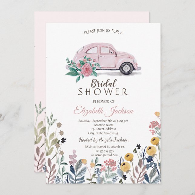  Wildflower Meadow Pink Car Bridal Shower   Invitation (Front/Back)