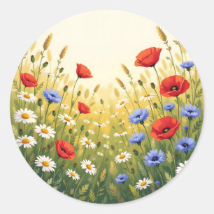 Wildflower Meadow Poppy Pattern Classic Round Sticker