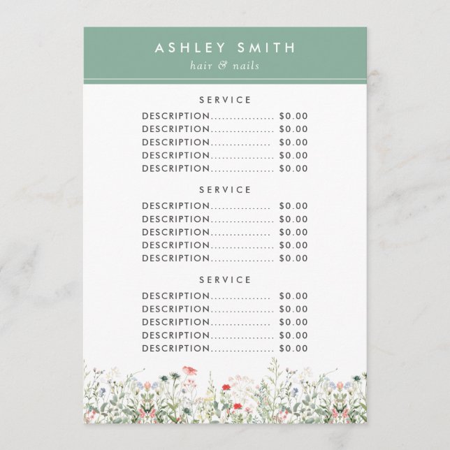 Wildflower Meadow Price Menu (Front)