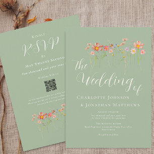 Wildflower Meadow Sage Green QR Code Wedding Invitation