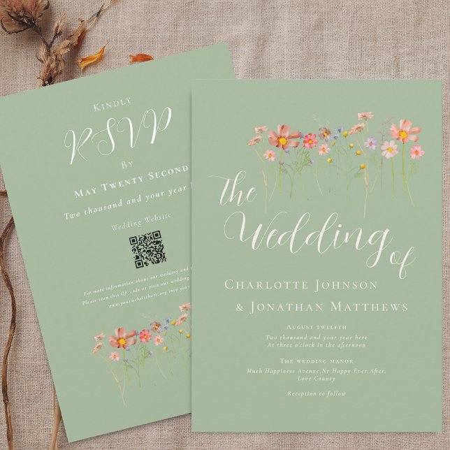Wildflower Meadow Sage Green QR Code Wedding Invitation (Boho fall Wildflower meadow sage green Wedding qr code invitation Elegant script modern watercolor)