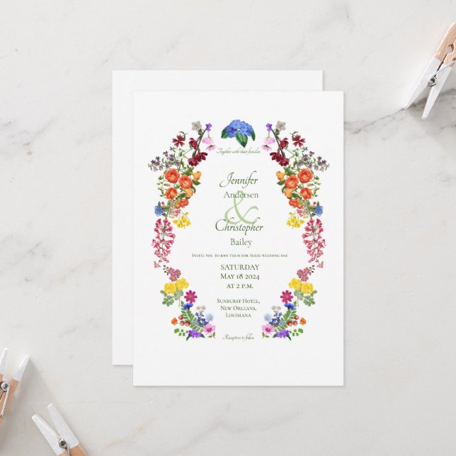 Wildflower Meadow Spring Floral Colorful Wedding Invitation (Front/Back In Situ)