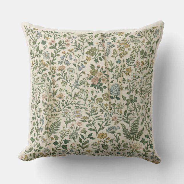 Wildflower Meadow Vintage Botanical Throw Pillow (Front)