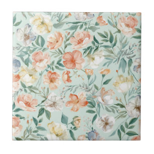 Wildflower Meadow Watercolor Blue Floral Pattern Ceramic Tile
