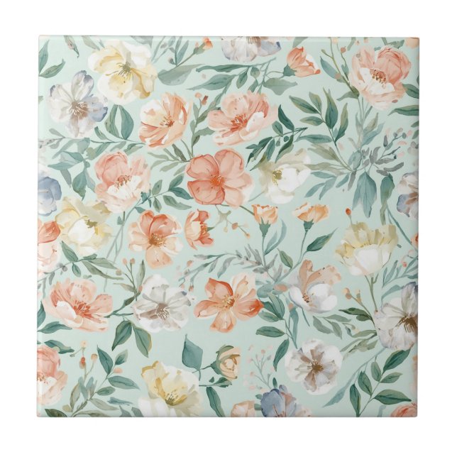 Wildflower Meadow Watercolor Blue Floral Pattern Ceramic Tile (Front)