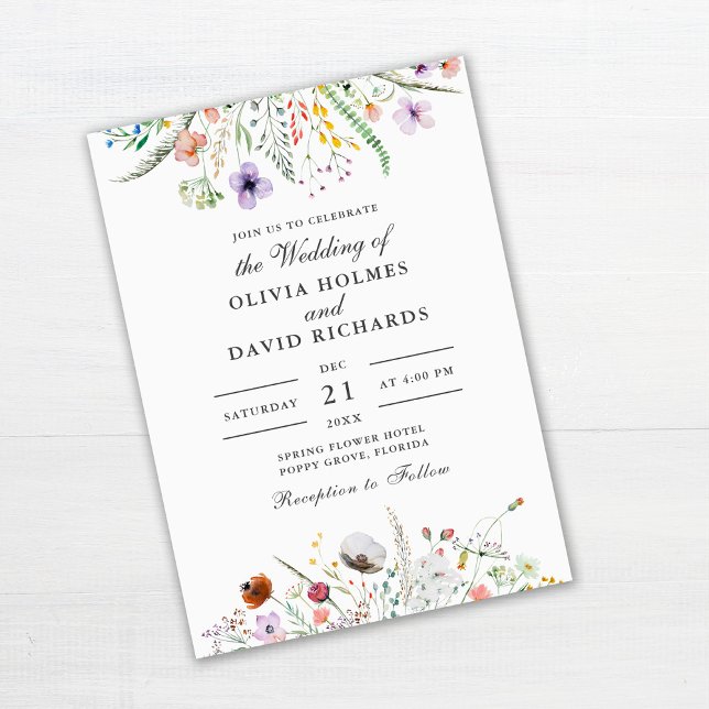 Wildflower Meadow Watercolor Wedding Invitation (Wildflower Meadow Wedding Invitation on off-white background)