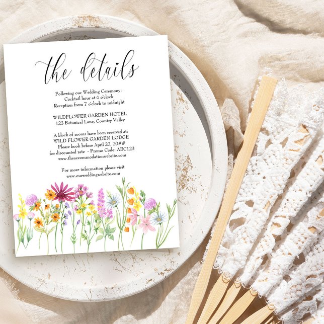 Wildflower Meadow Wedding Details Enclosure Card (Wedding enclosure cards with a dreamy meadow of wildflowers, elegant calligraphy ..)