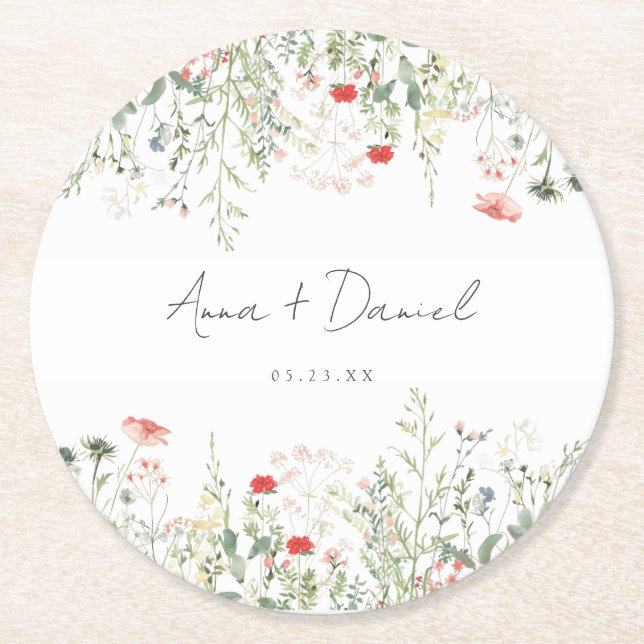 Wildflower Meadow Wedding Round Paper Coaster (Front)