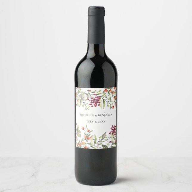 Wildflower Meadow Wedding Wine Bottle Wine Label (Front)