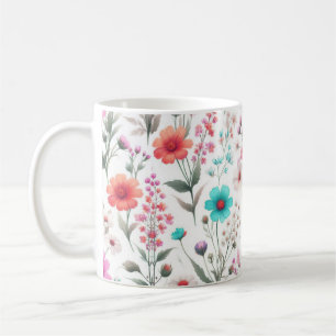 Wildflower meadow white, green, blue, brown, turq  coffee mug