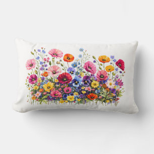 Wildflower Meadow with natural watercolor blooms Lumbar Cushion