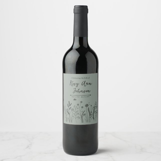 Wildflower Memorial Wine Label on Sage Green (Front)