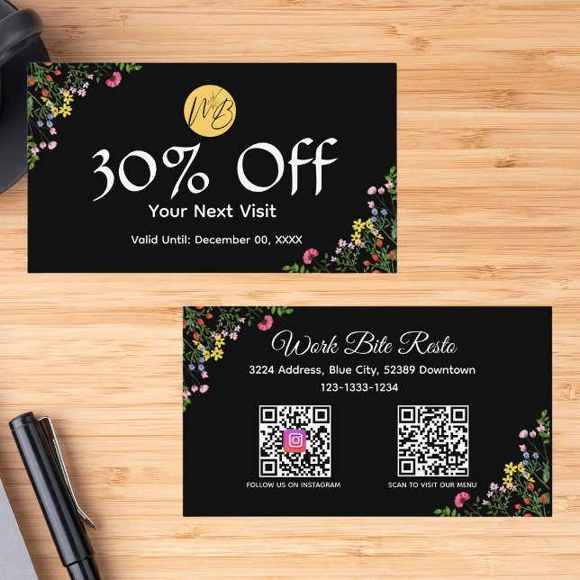 Wildflower Modern Restaurant Qr Code Menu and  Discount Card (Creator Uploaded)