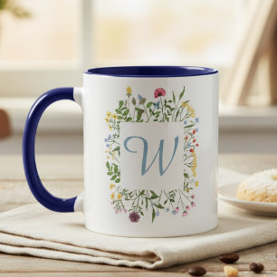 Wildflower Monogram Blue Initial Mug