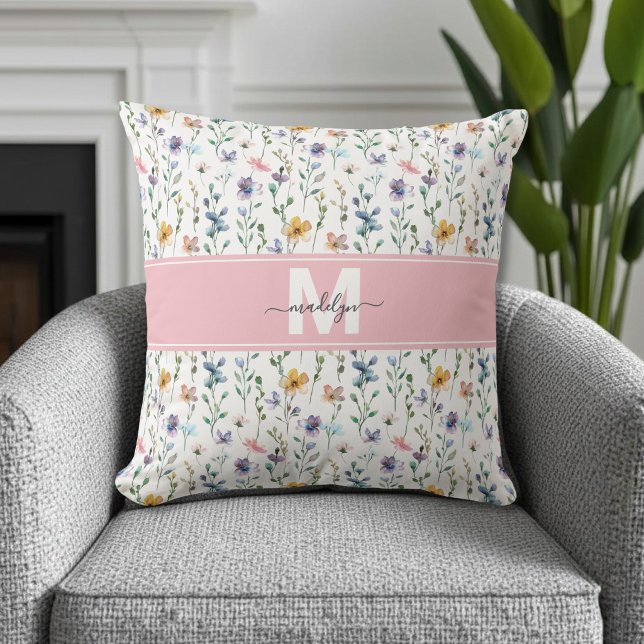 Wildflower Monogram Cushion (Wildflower Monogram Throw Pillow )