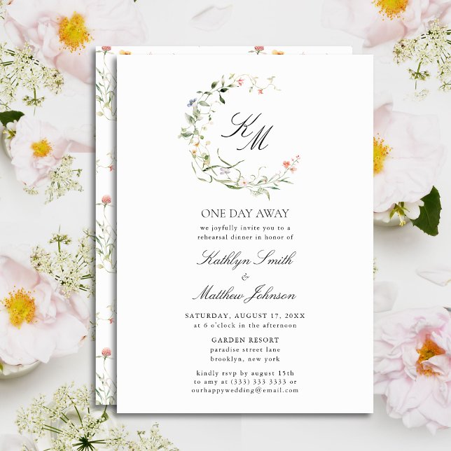 Wildflower Monogram Wreath Modern One Day Away Invitation (Creator Uploaded)