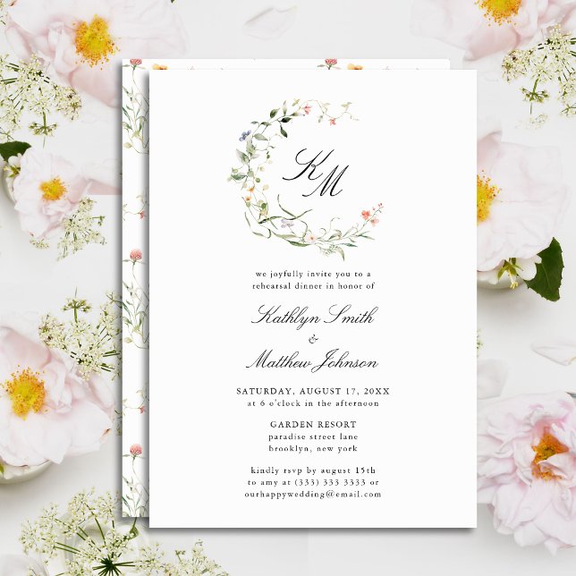 Wildflower Monogram Wreath Modern Rehearsal Dinner Invitation (Creator Uploaded)