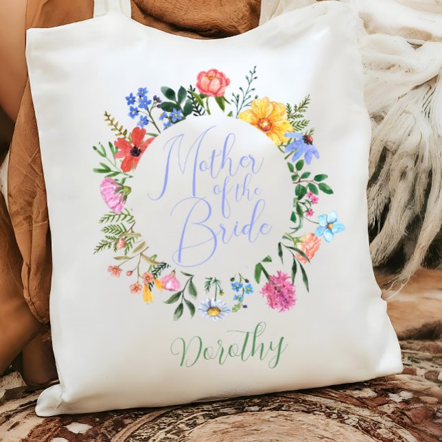 Wildflower Mother of the Bride Script Wedding  Tote Bag (Mother of the Bride Modern Chic Watercolor wildflower tote bag gift)