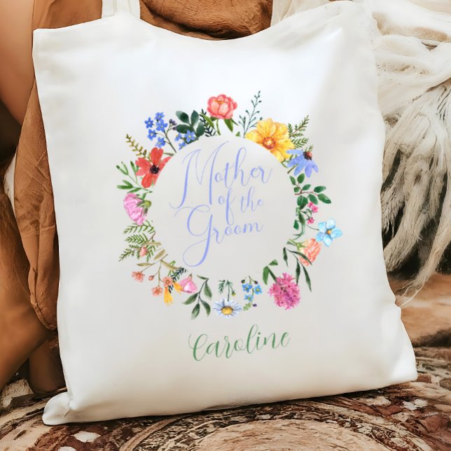 Wildflower Mother of the Groom Script Wedding  Tote Bag (Watercolor Rustic Wildflower Mother of the groom tote bag gift)