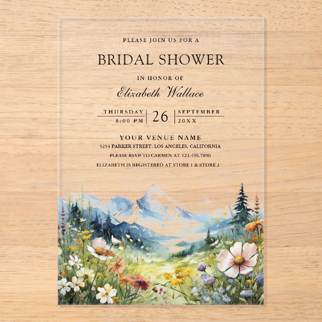 Wildflower Mountain Meadow Bridal Shower Acrylic Invitations (Front)