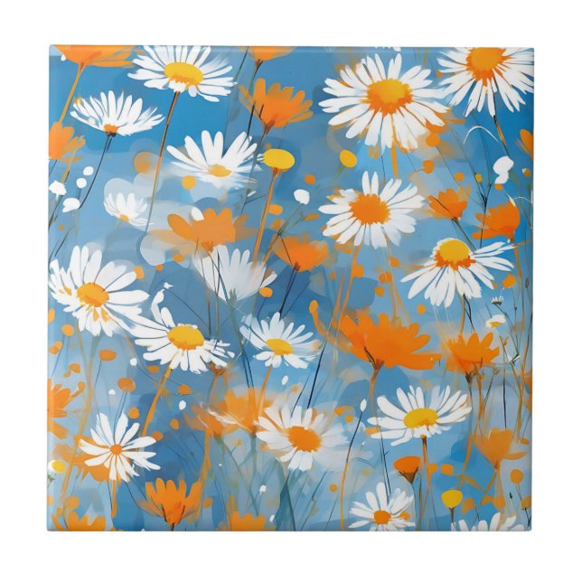 Wildflower Movement in Soft Blue Wash Ceramic Tile (Front)