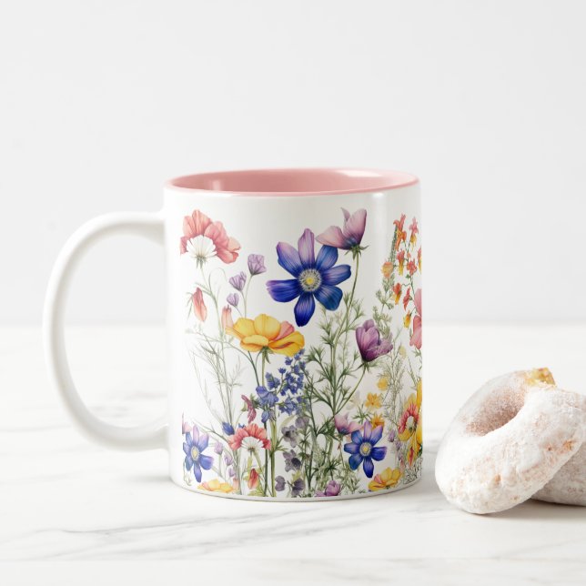 Wildflower Mug, Flower Cup, Floral Coffee Cup   (With Donut)