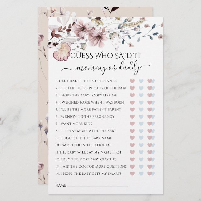 Wildflower Mum or Dad Said It Baby Shower Game (Front/Back)