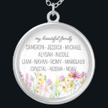 Wildflower My Beautiful Family with First Names Silver Plated Necklace<br><div class="desc">Pretty wildflower necklace personalised with your custom text, such as "my beautiful family" and the first names of your kids, in-laws and/or grandchildren. The design features delicate watercolor meadow wild flowers in pink orange and yellow. It is lettered with casual modern script and whimsical typography. Feel free to change the...</div>