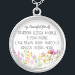 Wildflower My Beautiful Family with First Names Silver Plated Necklace<br><div class="desc">Pretty wildflower necklace personalised with your custom text, such as "my beautiful family" and the first names of your kids, in-laws and/or grandchildren. The design features delicate watercolor meadow wild flowers in pink orange and yellow. It is lettered with casual modern script and whimsical typography. Feel free to change the...</div>