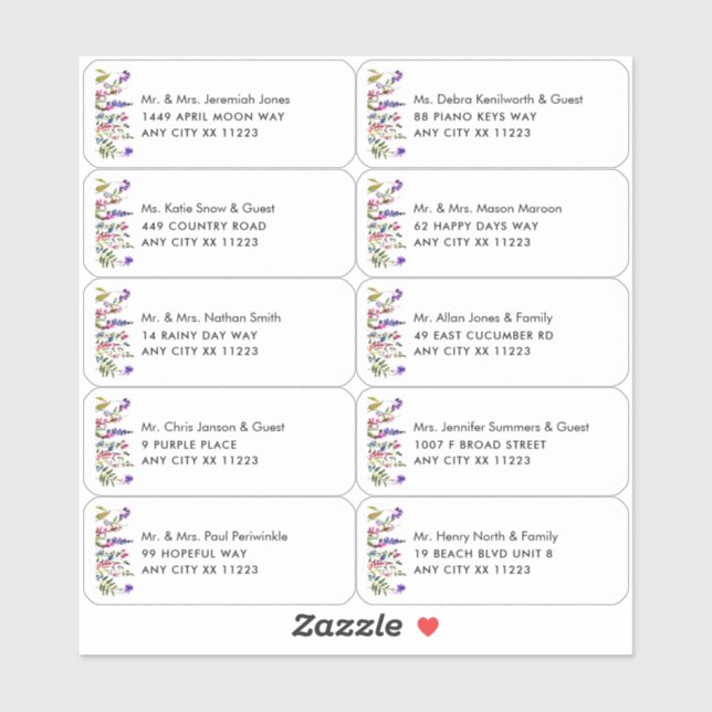 Wildflower Name Wedding Guest Address Labels (Sheet)