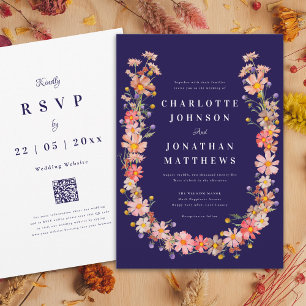 Wildflower Navy Blue Fall Wedding Invitation