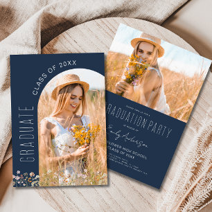 Wildflower Navy Blue Graduation Party Photo Invitation